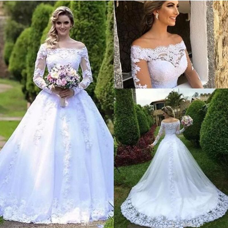 2019 de manga larga de encaje Vestidos novia de boda Una línea de vestidos