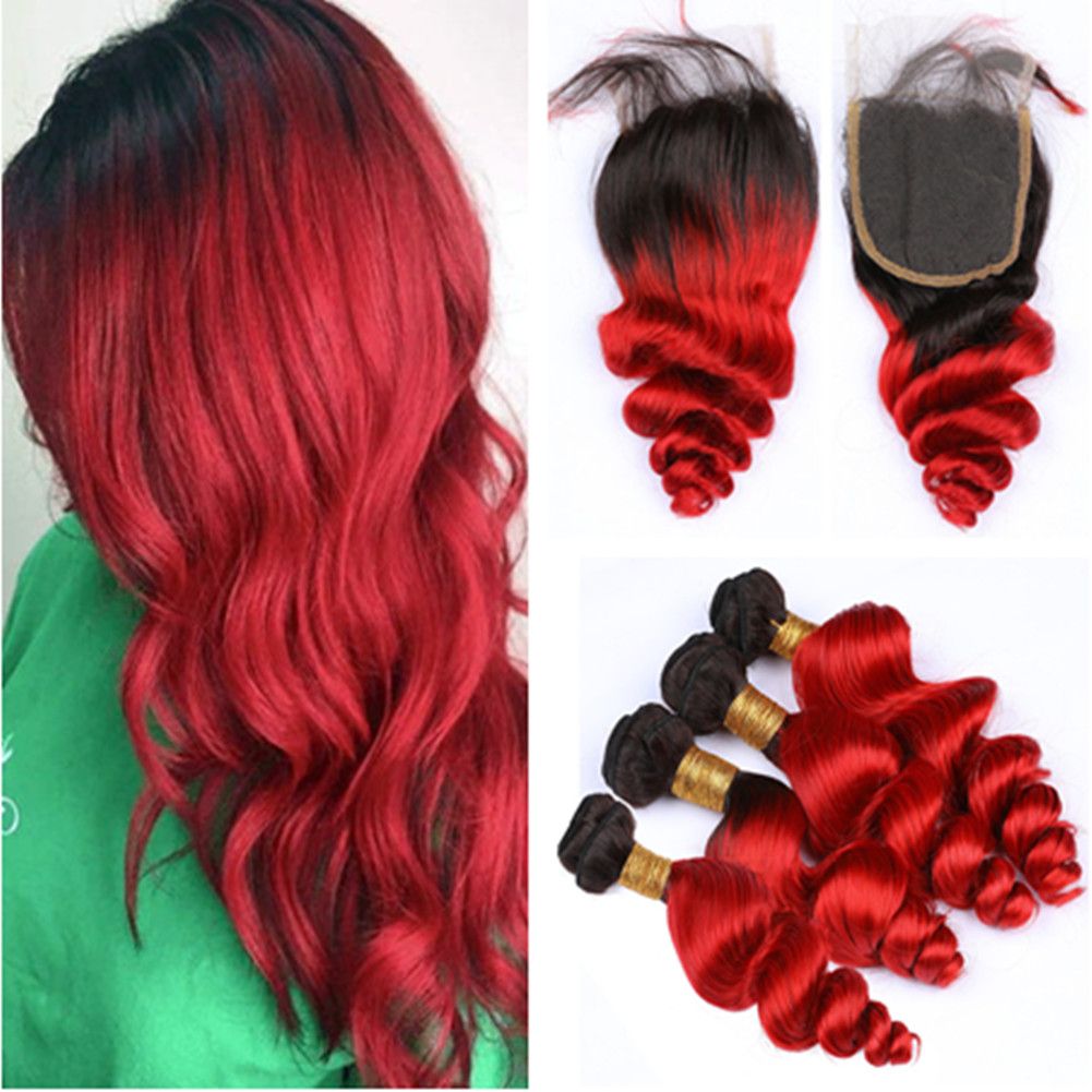 2019 Bright Red Ombre Loose Wave Hair Bundles With Top Closure 1b