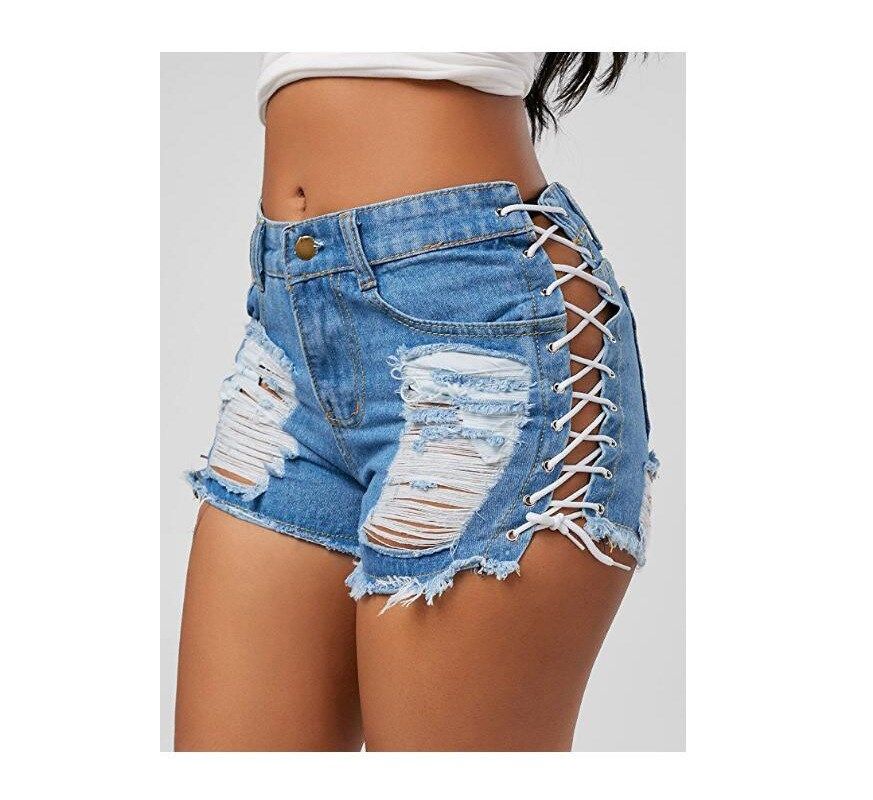blue ripped high waisted denim shorts