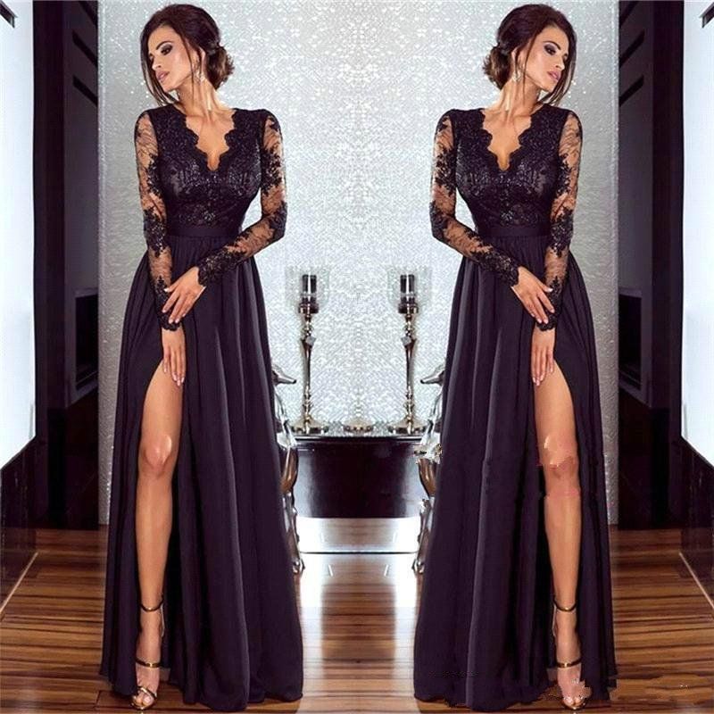 Compra Nueva División Elegante De Manga Larga De Encaje Vestidos De Noche  Árabes Con Cuello En V Gasa Vestidos De Festa Vestido De Fiesta Prom Formal  Pageant Celebrity Gowns Barato | Entrega