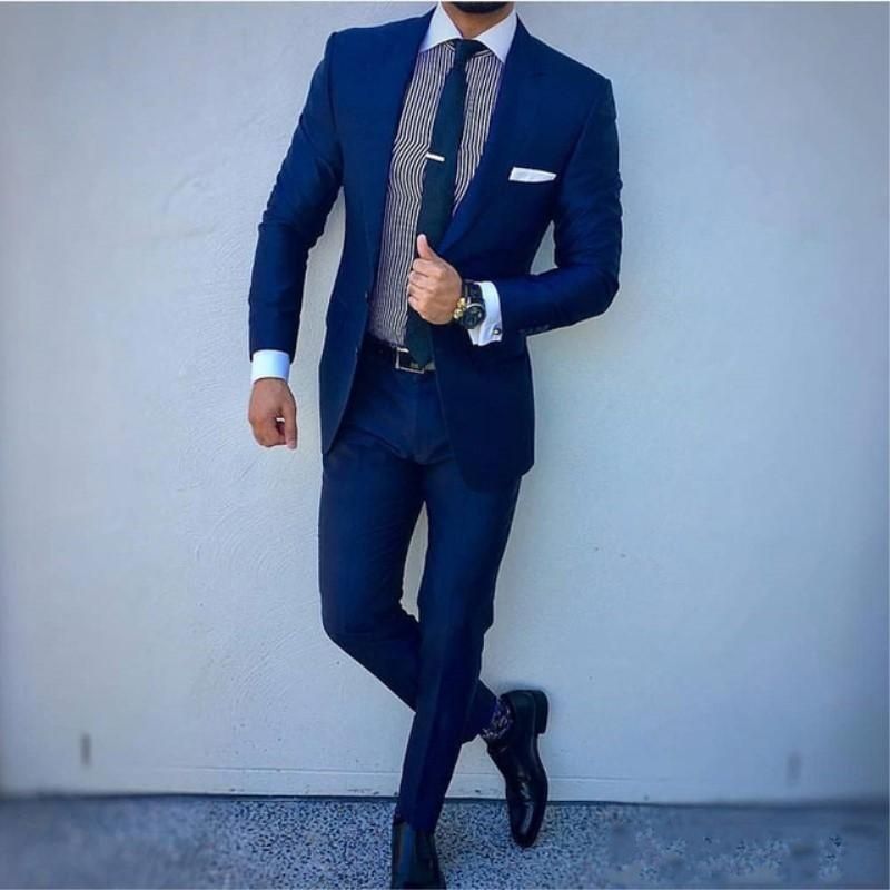 Azul marino / negro traje de de negocios novio boda smoking solapa superior decoración ajuste hombres