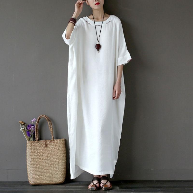 Vestido blanco holgado suelto de las mujeres de algodón de lino de gran tamaño vestido largo Vestido blanco holgado suelto de las mujeres de algodón de lino de gran tamaño vestido largo
