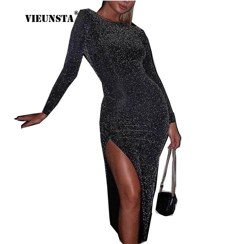 shiny long sleeve bodycon dress
