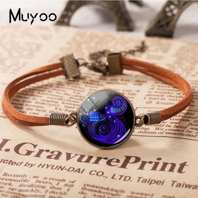 Joyería De Pulsera De Cuero De Cúpula De Vidrio Del Zodíaco Joyería De Pulsera De Cuero De Cúpula De Vidrio Del Zodíaco