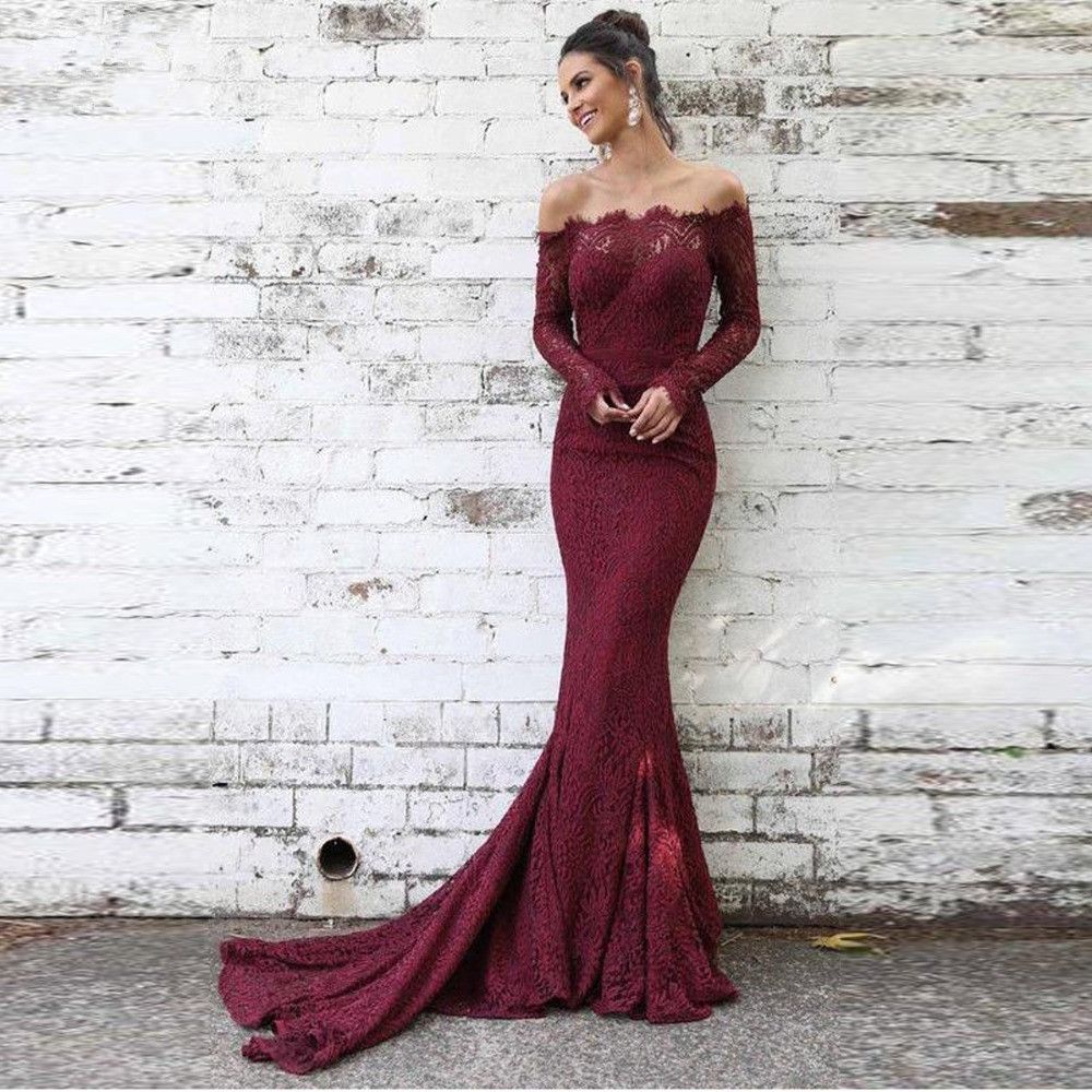 Acquista Abiti Da Sera Del Pizzo Bordeaux Con Maniche Piene Fuori Spalla  Spalla Sirena Abiti Da Ballo Sexy Abito Formale Robe De Soiree A 123,26 €  Dal Sarawedding | DHgate Italy