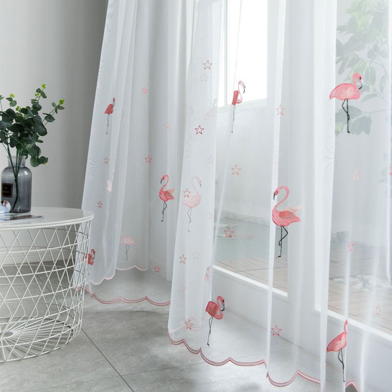 compre cortinas de tule nordico para sala de estar cortina transparente transparente com bordado flamingo gaze branca para quarto cortina de voile de