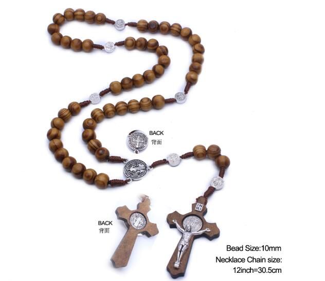 Men/'s Women/'s Wood Necklace Rosary with cross Jesus cross Pendant Necklace New