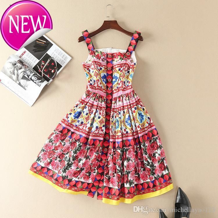 2017 S S Print Spaghetti Straps Runway Dress High End Beads Button