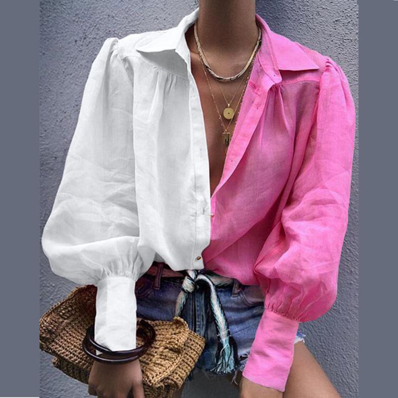 Compra Moda Dos Colores Empalme Manga Larga Da Vuelta Abajo Camisa Moda  Mujer Tops Y Blusas Blanco Rosa Rojo Camisas Barato | Entrega Rápida Y  Calidad | Es.Dhgate