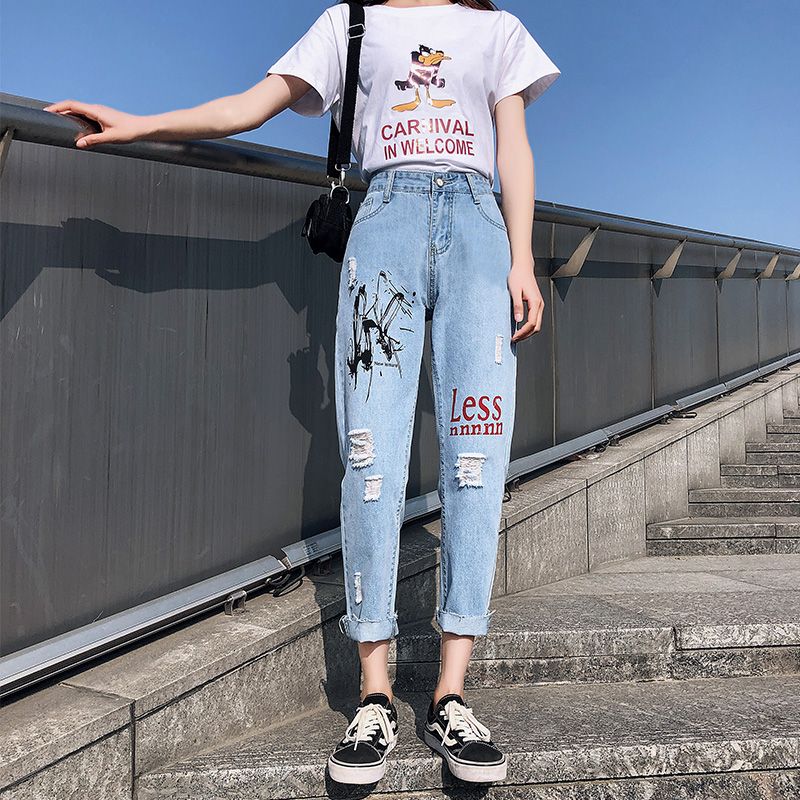 Compra Primavera Verano Boyfriend Jeans Sueltos Coreano De Las Mujeres  Graffiti Rectos Del Agujero De Cintura Alta De Algodón Ropa Mujer Pantalón  De Pierna Ancha 2020 B06104 Barato | Entrega Rápida Y