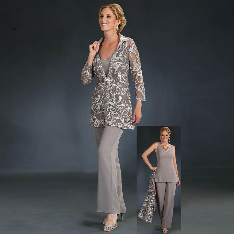 Plus Size Chiffon Mother Of the Bride Pant Suits With Outfit Jacket Groom Dress 