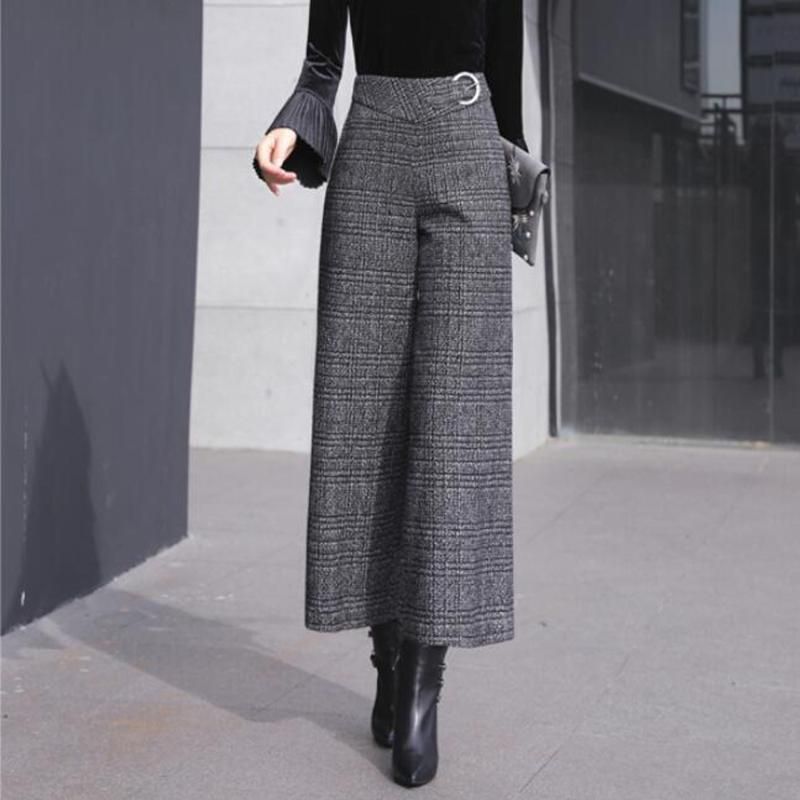 Black Plaid Wide Leg Pants Thick Zipper 