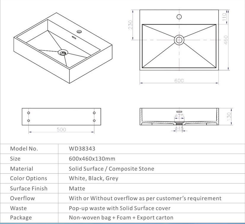 2020 Bathroom Rectangular Wall Hung Wash Sink Fashionable