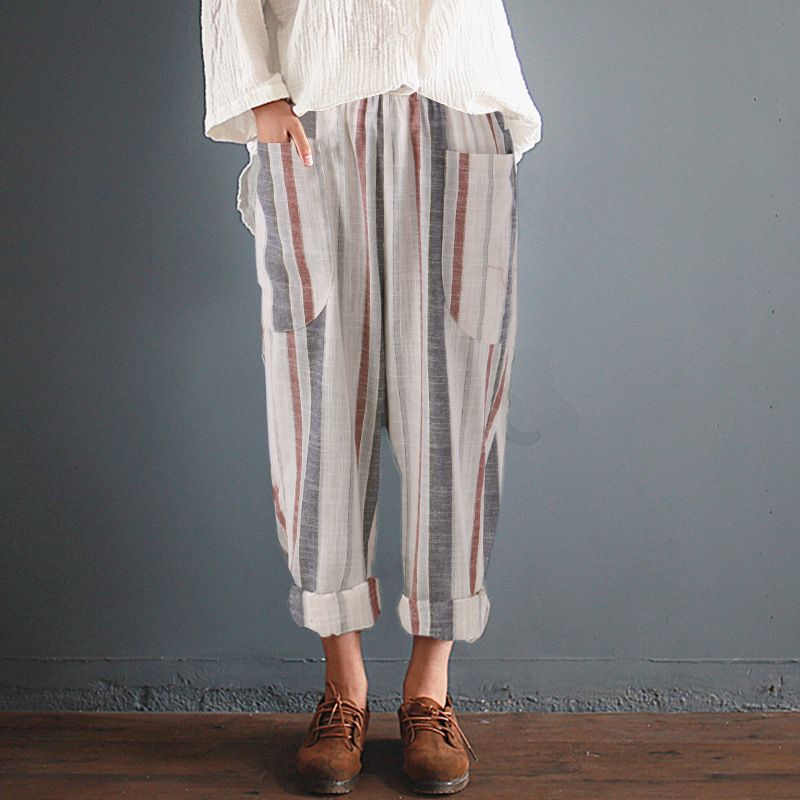 Compra Pantalones Para Mujer Capris Mujeres Verano Rayado Largo Harem  Casual Baggy Bolsillos Elásticos Bolsillos Pantalones Pantalones Algodón Lino  Pantalón Pantalón Pantalón Barato | Entrega Rápida Y Calidad | Es.Dhgate