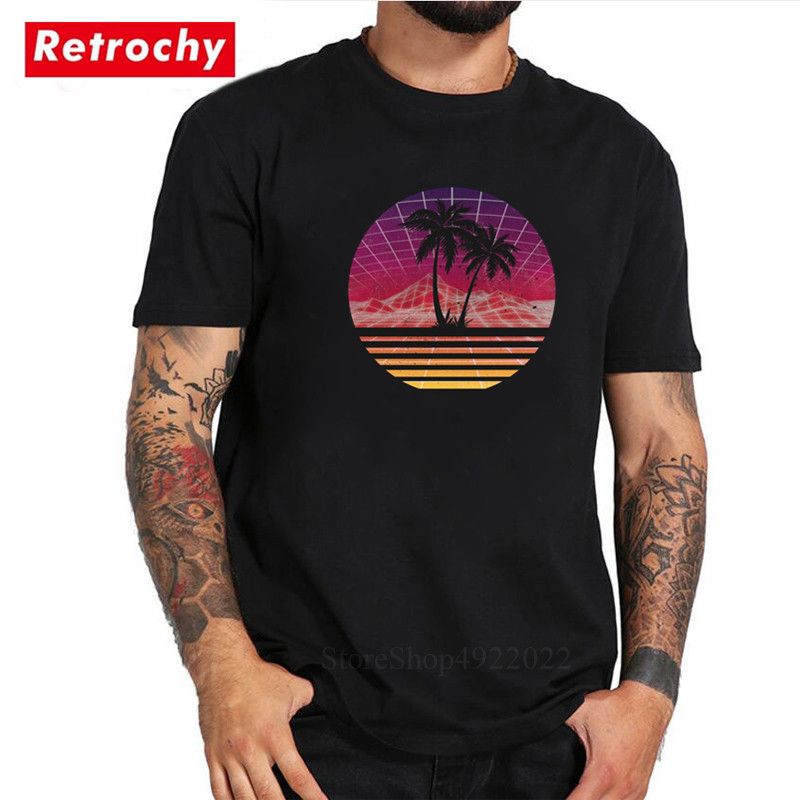 Compre Silhueta Da Arvore Retro Dos Anos 80 Outrun Do Sol Da Palma Camiseta Original Manga Homens T Shirt Moda Hotline Miami T Shirt Top Cotton Pure Tee De Yroda 85 39