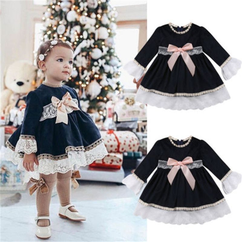 Compra Nueva Princesa Vestido De Encaje Bebé Niño Niña De Encaje Vestido De  Manga Larga Fiesta De La Boda Del Desfile De Niñas Bowknot Azul Marino  Vestidos 2 6T Barato | Entrega