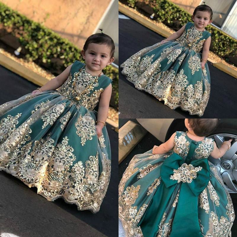 emerald green and gold flower girl dresses