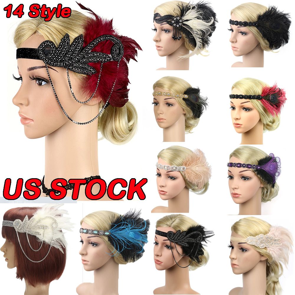 1920s Headband Black Feather Bridal Great Gatsby Flapper 20s Headpiece Gangster