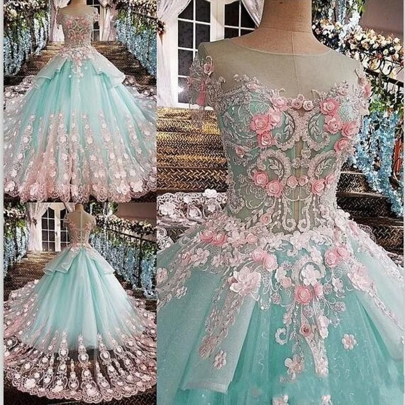 2020 Princess Mint Green Ball Gown Quinceanera Dresses Jewel Short Sleeve Pink Appliques vestidos de 15 anos Prom Party Gowns For Sweet 15 2020 Princess Mint Green Ball Gown Quinceanera Dresses Jewel Short Sleeve Pink Appliques vestidos de 15 anos Prom Party Gowns For Sweet 15
