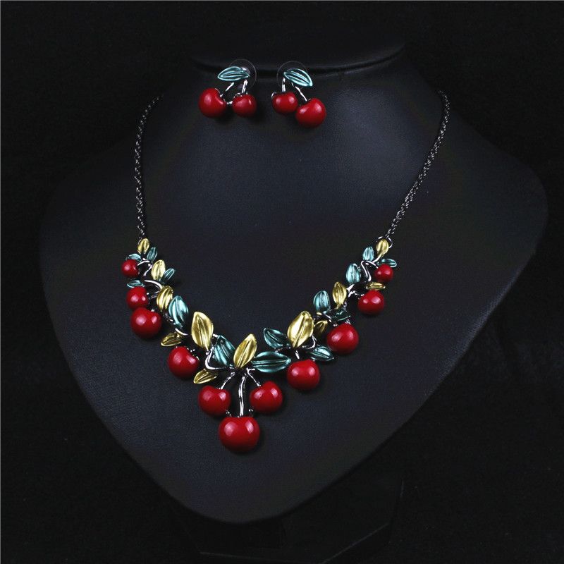 Shinning Red Cherry Flower Bridal Jewelry Sets Necklace Earrings Bridal