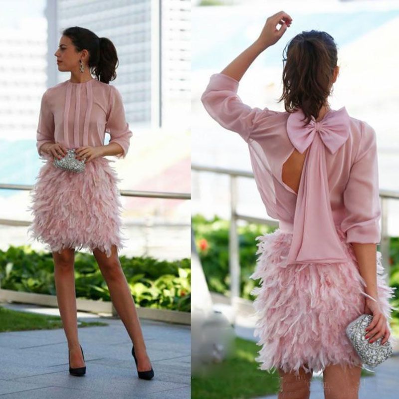 Charming Pink Short Feather Cocktail Dresses Long Sleeves Open Back
