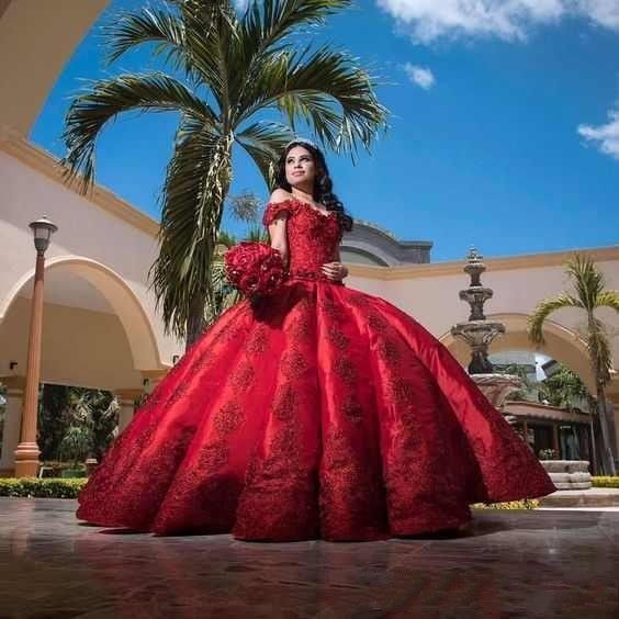 África canal Nominación Vestido Vintage vestido rojo quinceañera vestidos para niñas satinados  apliques de hombro largo sweet 16 vestido