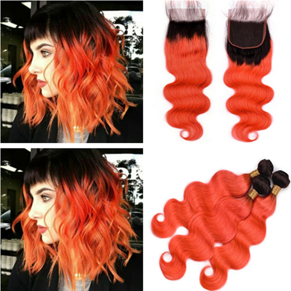 1b Orange Ombre Body Wave Hair Bundles With Closure Ombre Orange