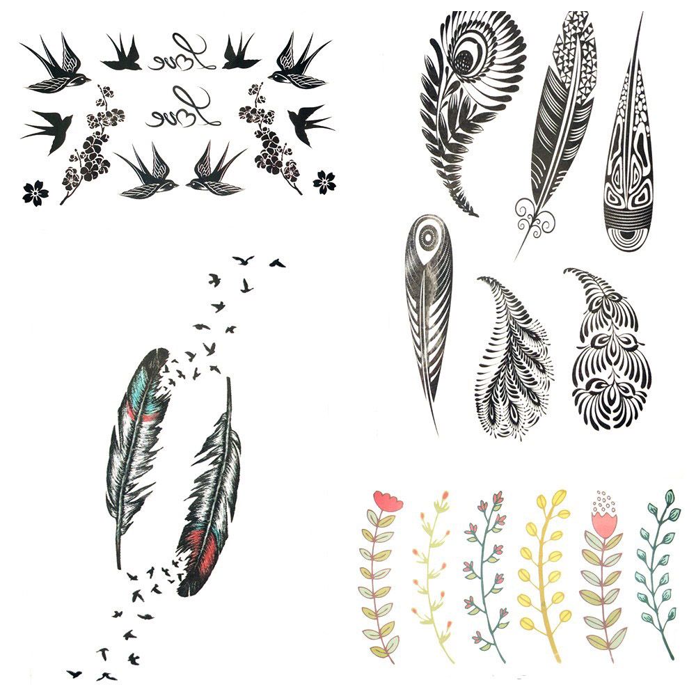 Acheter Petit Plumage Tatouage Temporaire Au Henné Indiens Tribal Femmes Corps Mains Art Autocollant De Tatouage Feuille Noire Tatoo Fille Bras Plume