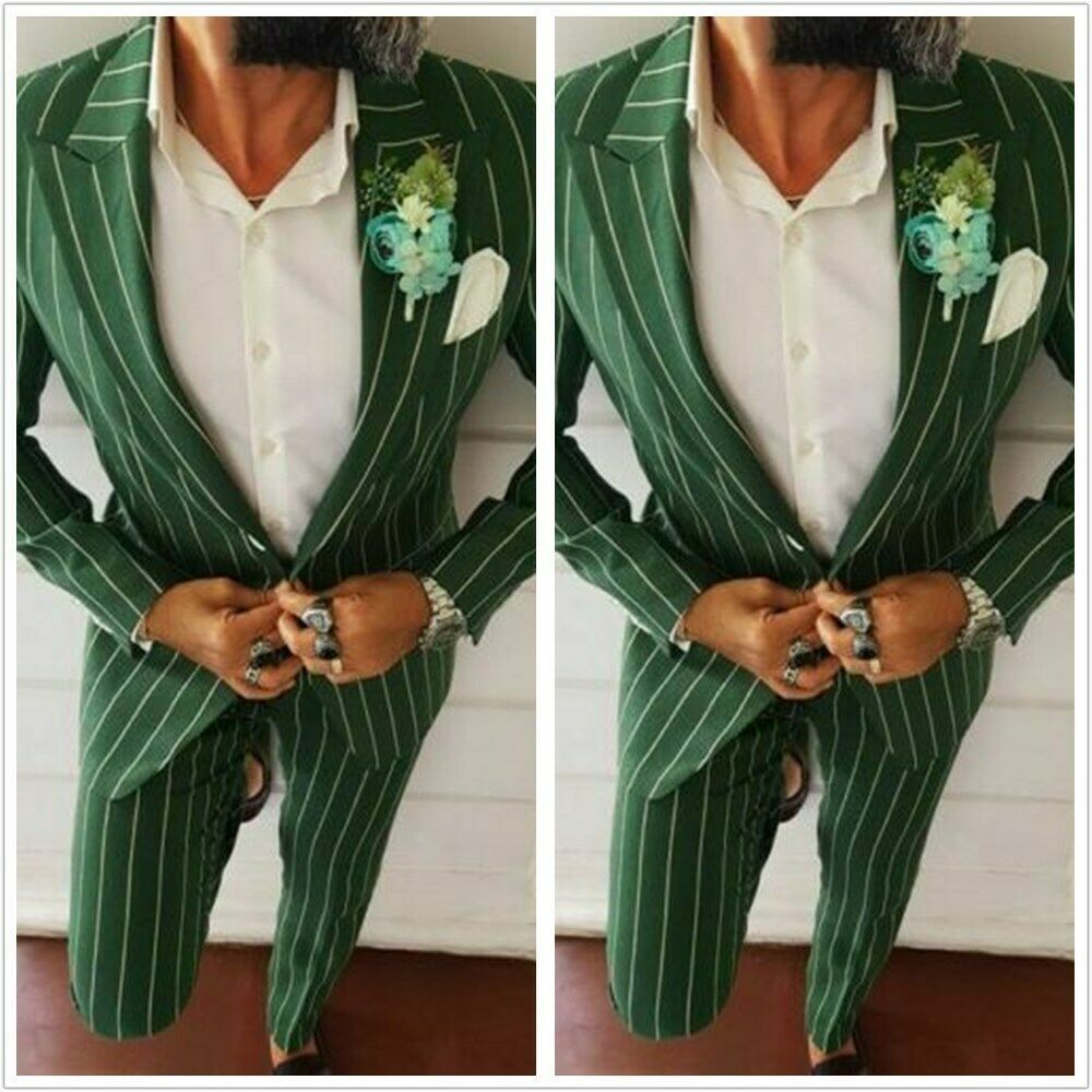 Green Pinstripe Groom Wear Slim Fit Two Button Peaked Lapel Mens