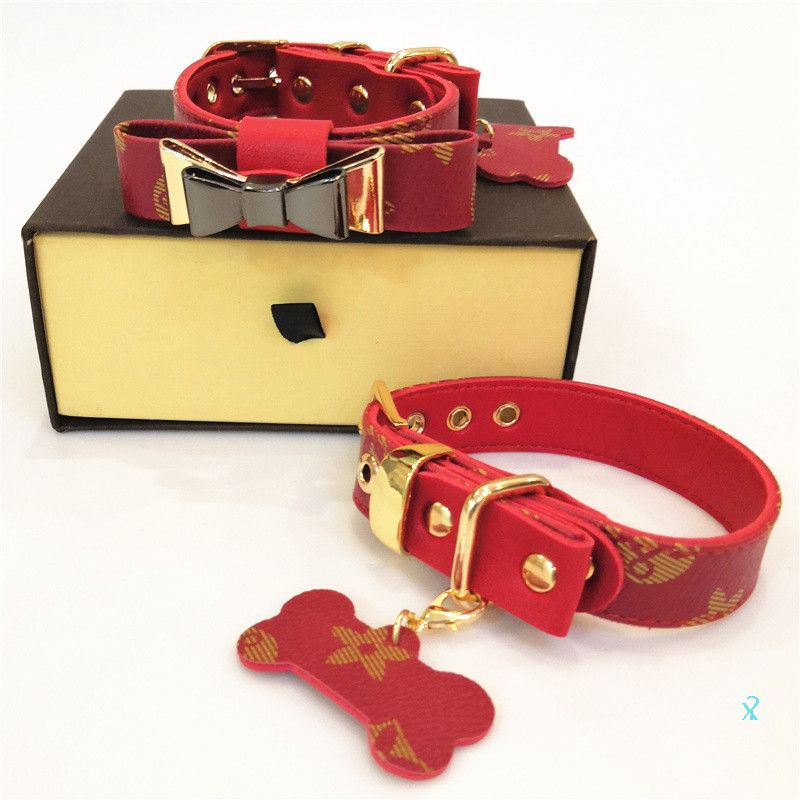 Red Bow Dog Collars Leather Pet Traction Rope Suit Outdoor Dog Safety