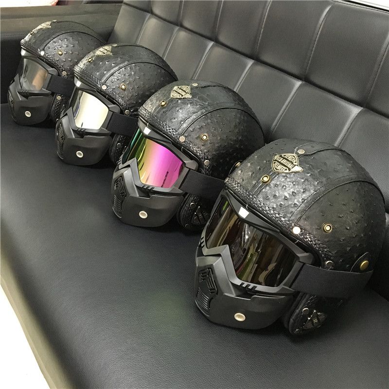 2020 New Motorcycle Helmet Leather Retro Chopper Helmet Black Open Face