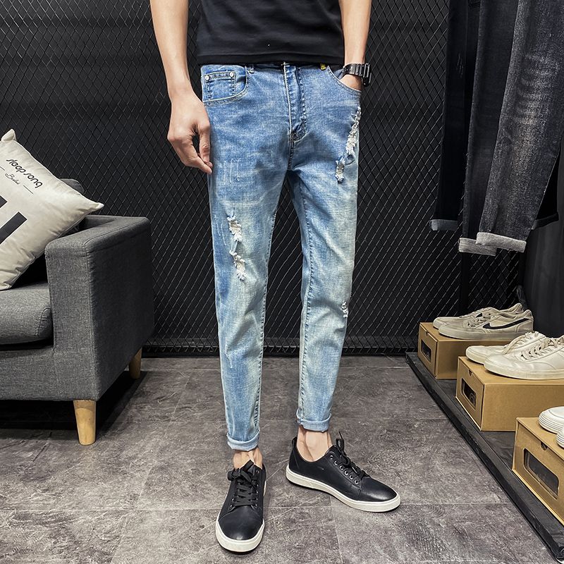 2020 Korean Jeans Mens Fashion Slim Fit Fashion Washed Ripped Jeans ...