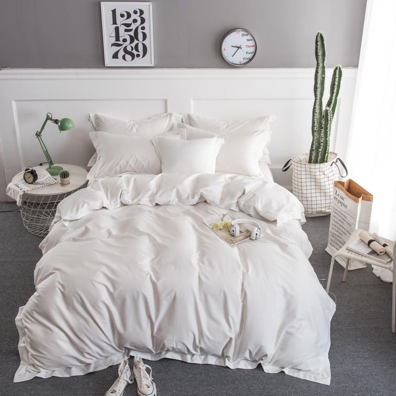 100 Cotton White Bedding Set Queen King Size Bed Set Soft Silky