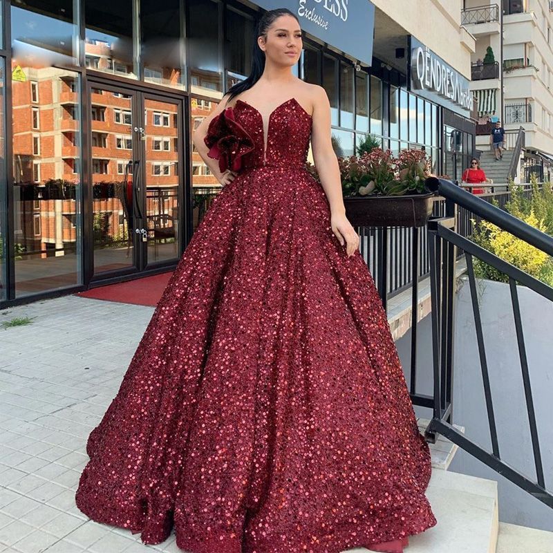 Burgundy Ball Gown Sequined Prom Dresses Sweetheart Hand Made Flower ...