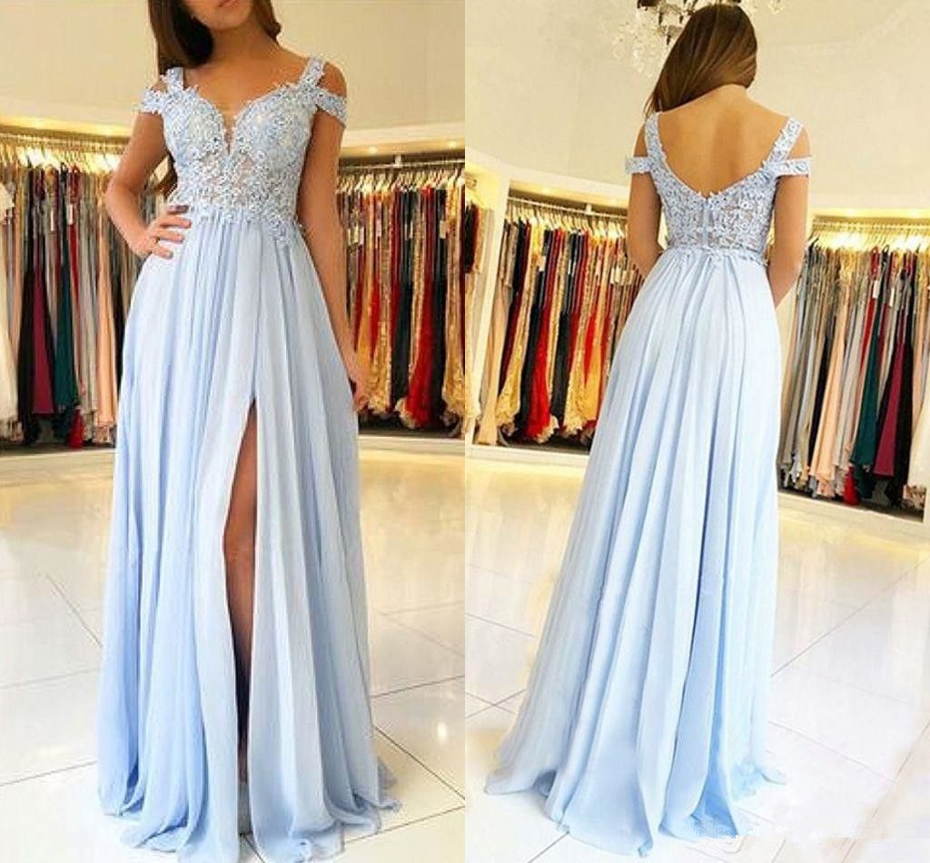 Cheap Baby Blue Lace Appliqued A Line Bridesmaid Dress Elehant Chiffon Side Split Wedding Guest