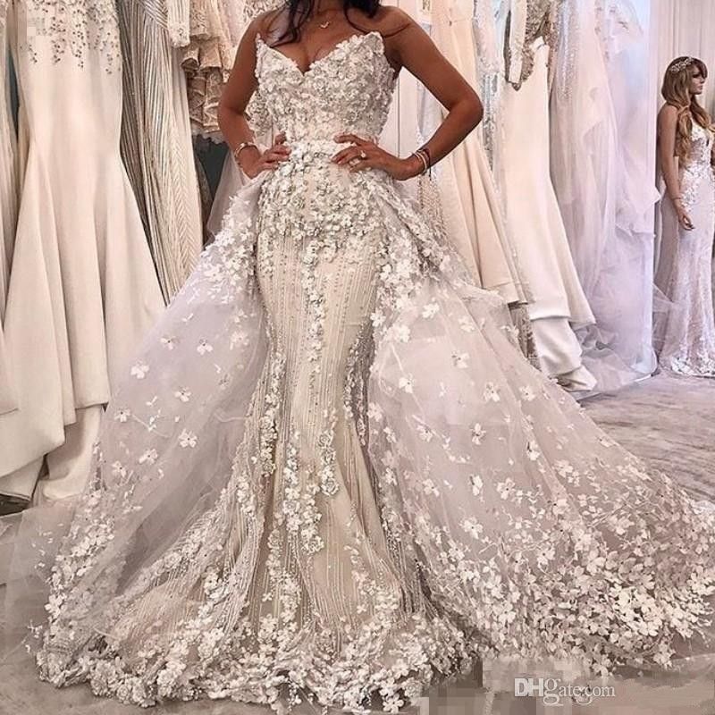 Acheter Nouveau Luxe Perlé Robes De Mariée Sirène Avec Détachable Train 2019 Modeste 3d Floral Sweetheart Dubaï Arabe Corset Robes De Mariée Princesse