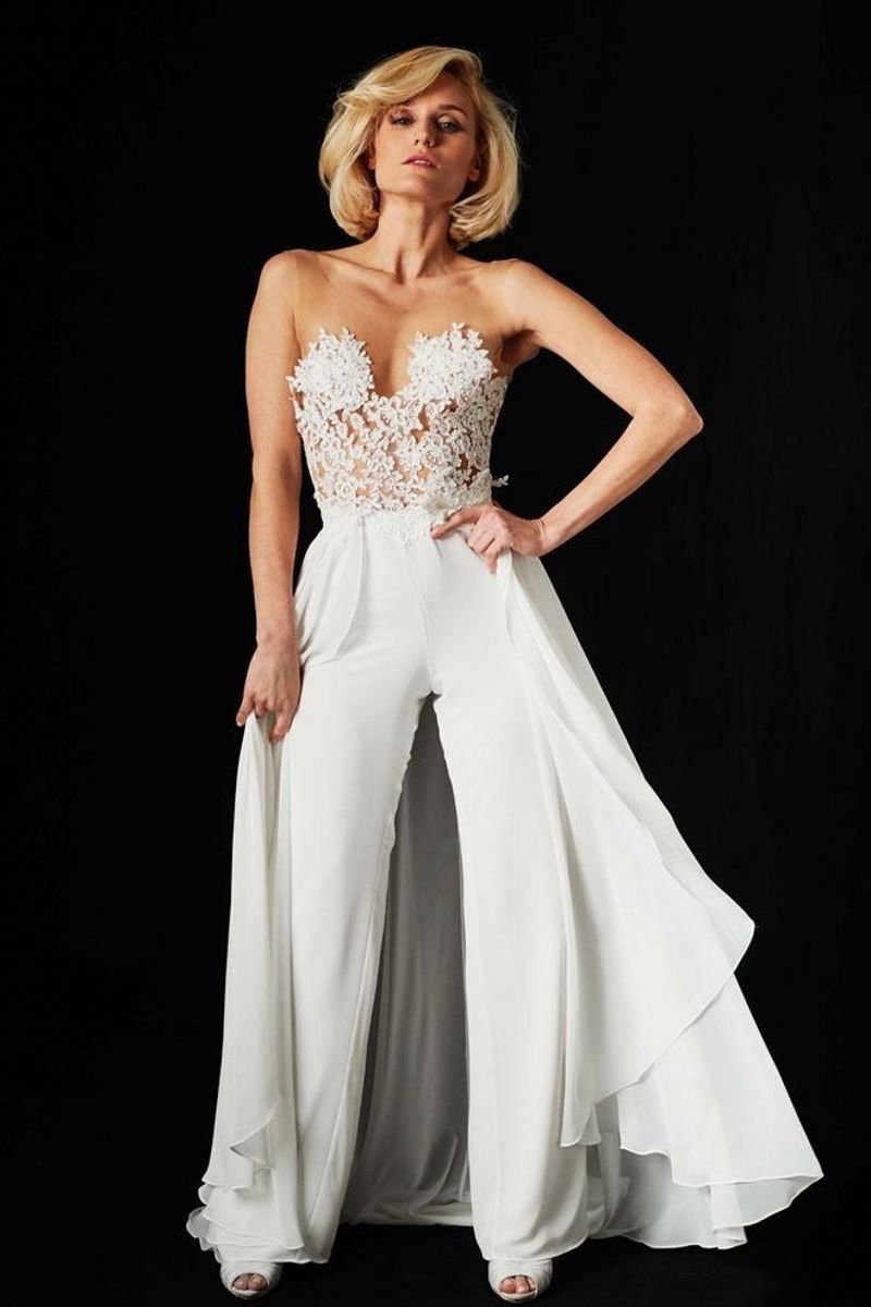 Custom Made White Lace Jumpsuit Evening Dresses Detachable