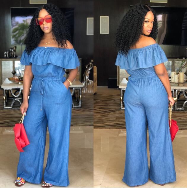 jean off the shoulder jumpsuit