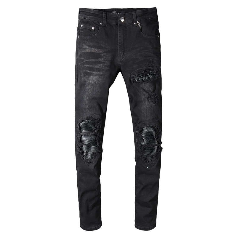 Fashion Men Distressed Leather Ripped Patches Jeans Black Color Patched ...