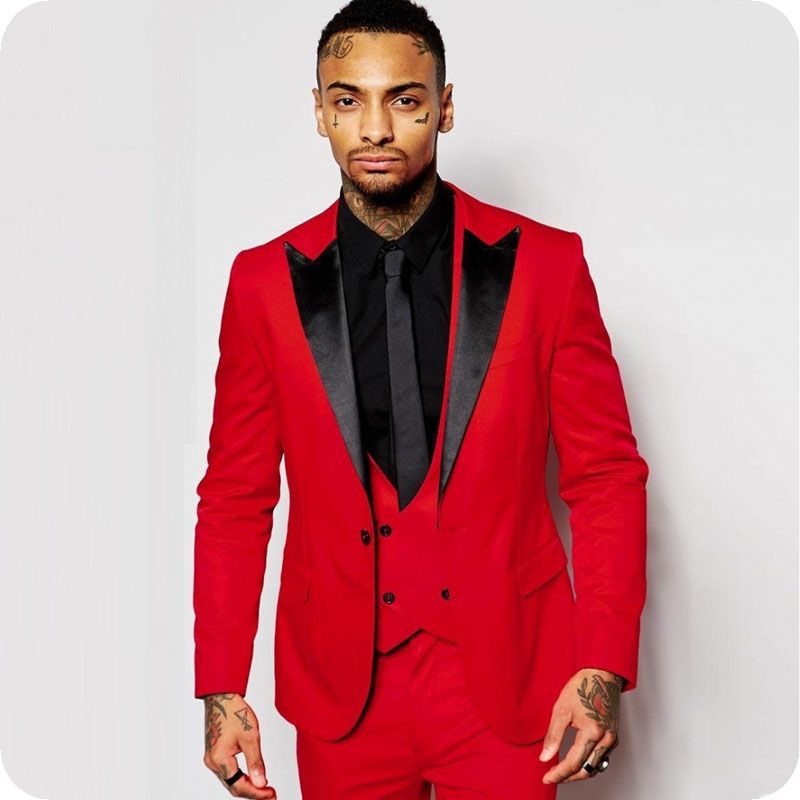Compra Rojo Hombres Los Pantalones En Prom Party Padrinos De Traje Smoking  Del Novio De La Solapa Del Traje Negro Enarboló El Hombre Delgado Terno  Masculino Escudo De Pantalones + Chaleco +