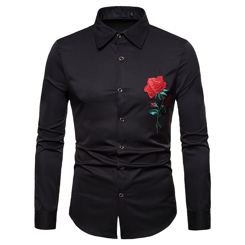 bordadas de flores Camisa de manga larga casual para hombre Tops ajustadas Ropa masculina