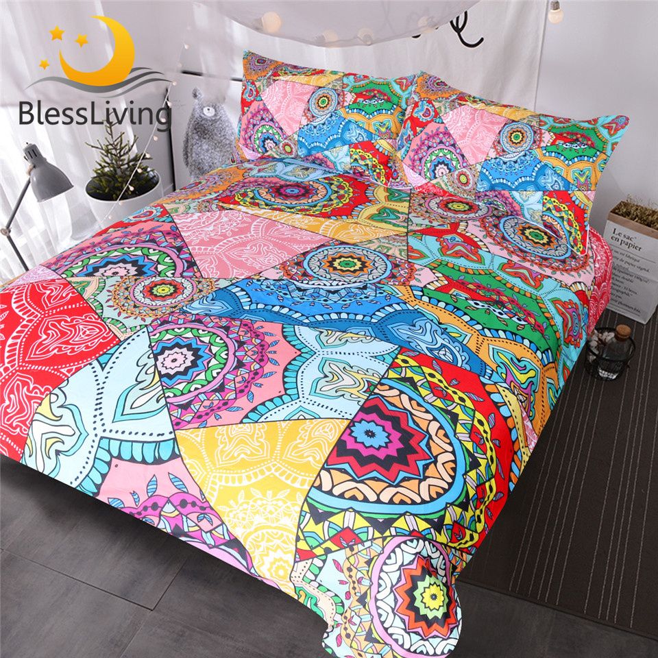 Blessliving Mandala Bedding Set Red Pink Boho Flowers Patchwork