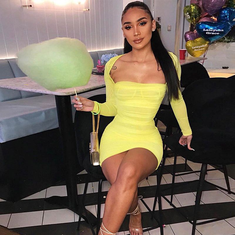 square neck ruched mesh bodycon dress