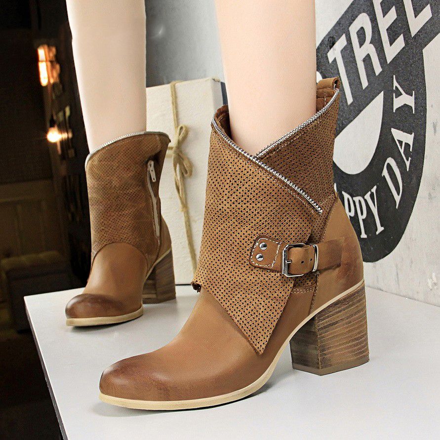 Acheter Hiver Femmes Bottines Femme Talon Carré Chaussures Femme Rome Féminin Rivet Boucle Creux Chevalier Court Moto Cool Bootie De 38,39 € Du Onlinemall016u | Fr.DHgate.Com