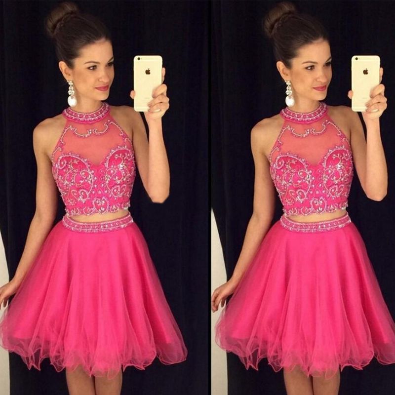 Rosa, dos piezas, vestidos cortos para el regreso al hogar, lentejuelas de cuello escarpado, vestidos de Rosa, dos piezas, vestidos cortos para el regreso al hogar, lentejuelas de cuello escarpado, vestidos de
