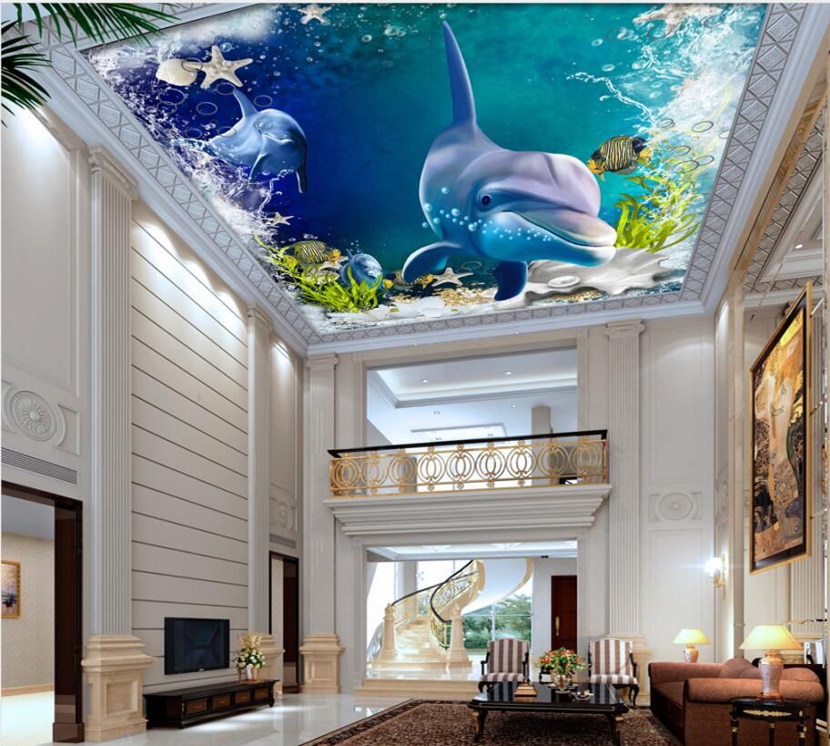 Custom 3d Photo Wallpaper Ceilings Underwater World Dolphin Water Splash 3d Background Wall Floor Ceiling Hd Wall Wallpaper Hd Wallpaper From