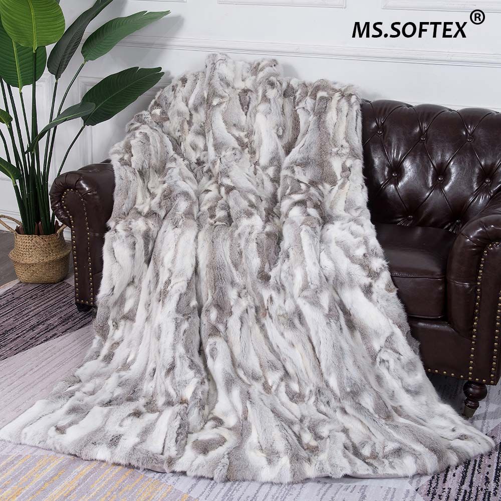 MS.Softex Natural Rabbit Fur Blanket Patchwork Real Rabbit Fur Throw