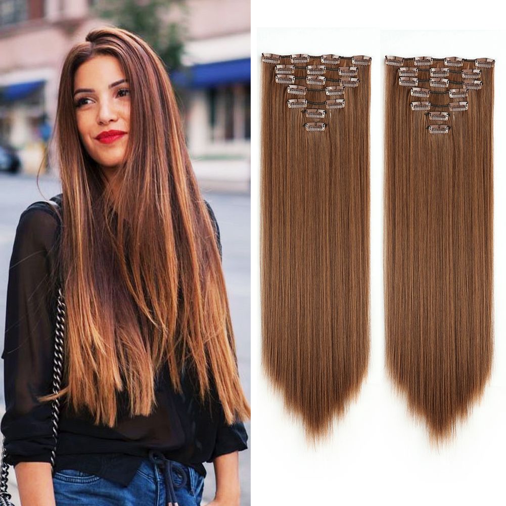 Straight Brown Clip in Hair Extensions 22 Inch Silk Straight Thick Double Weft Full Head Synthetic Straight Brown Clip in Hair Extensions 22 Inch Silk Straight Thick Double Weft Full Head Synthetic
