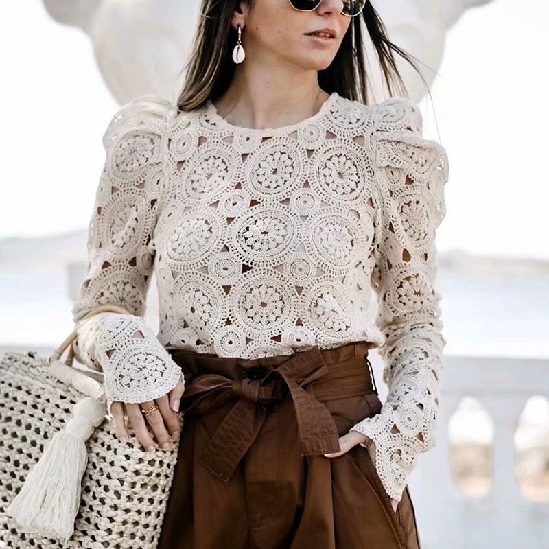 NUEVO Vintage Beige Camisetas de encaje 2019 Moda Moda de punto Manga larga Floral Blusas