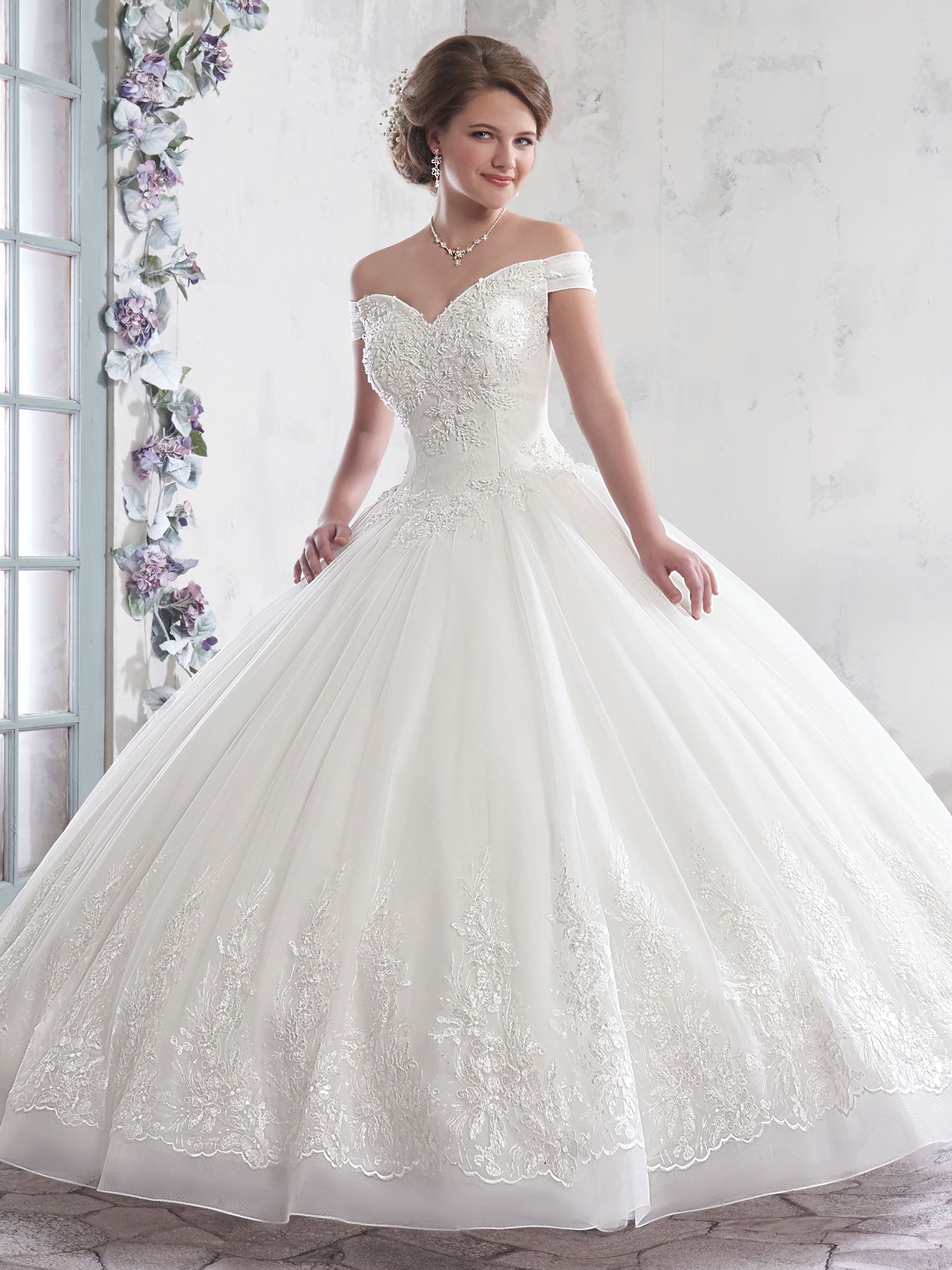off the shoulder applique wedding dress